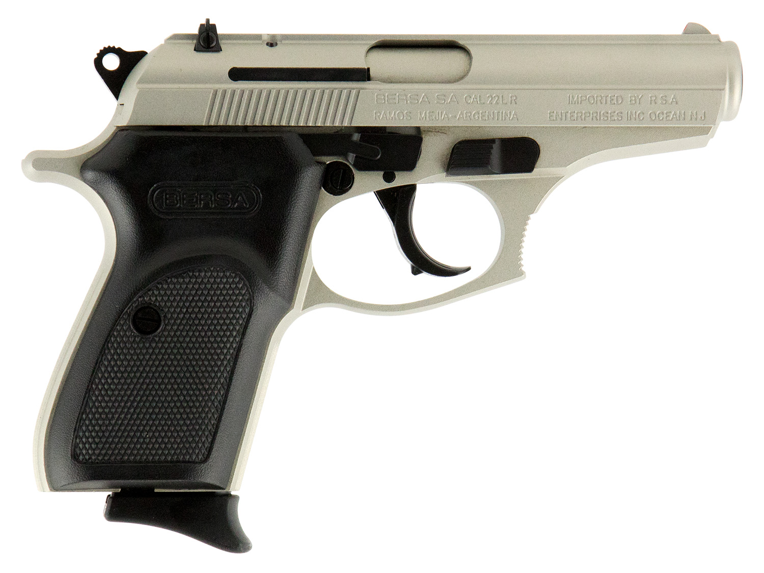Bersa T22NKL Thunder Micro-Compact Frame 22 LR 10+1 3.50" Nickel Steel Barrel, Nickel Cerakote Serrated Slide & Aluminum Frame w/Beavertail Black Textured Polymer Grip