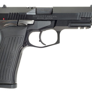 A semi-automatic pistol with a black finish and ergonomic textured grip, suitable for self-defense a.
