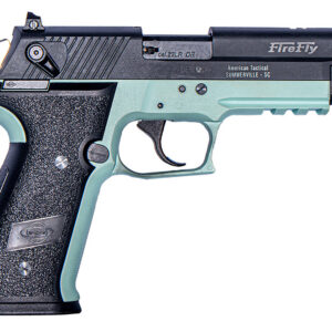FireFly airsoft pistol with black and teal finish, compact design for training and recreational use.
