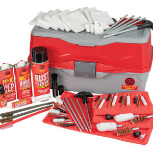 Gun cleaning kit with brushes, lubricants, and cleaning cloths for firearm maintenance.