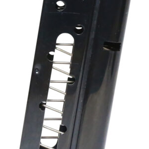 Metal firearm magazine with spring mechanism for semi-automatic pistols.