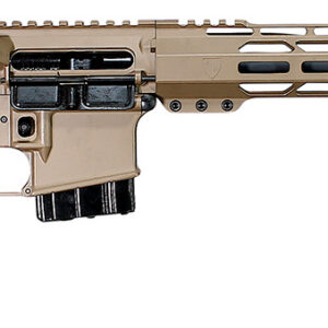 Semi-automatic rifle with tan and black finish, featuring a tactical handguard and adjustable stock.
