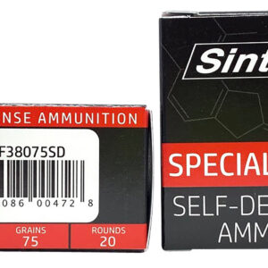 Self-defense ammunition box with a single bullet cartridge beside it.