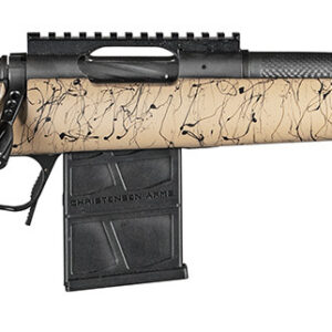 Sniper rifle with a beige camouflage stock and long barrel, ideal for precision shooting.