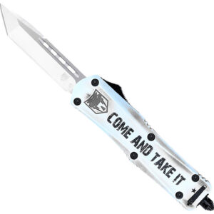 CobraTec Knives SCATIFS3TNS FS-3 Come And Take It Small 3" OTF Tanto Plain Satin D2 Steel Blade, 4.50" White "Come And Take It" Aluminum Cerakoted Handle
