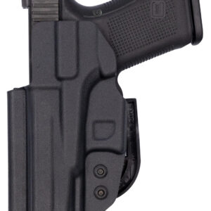 Holster for handgun with retention strap and belt clip.