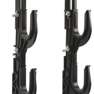 Wall-mounted gun rack with multiple hooks for rifles and shotguns.