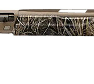 A hunting rifle with a camouflage pattern on the stock and a long barrel, suitable for outdoor shoot.