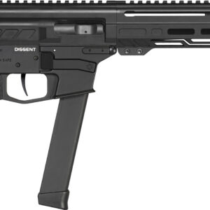 Close-up of a black Dissent submachine gun with tactical rail and magazine.