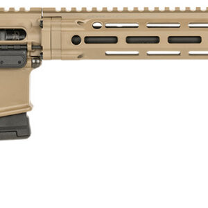 Tactical rifle with tan finish, black stock, and attached accessories for precision shooting.
