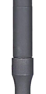 Firearm suppressor attached to a rifle barrel.