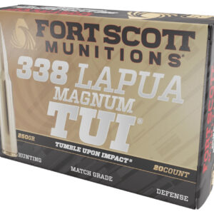 Fort Scott Munitions 338250SBV1 Tumble Upon Impact (TUI) Rifle 338LapuaMag 250gr Solid Copper Spun 20 Per Box/5 Case