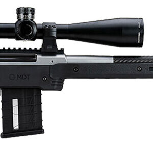 Sniper rifle with scope and adjustable stock, ideal for long-range shooting.