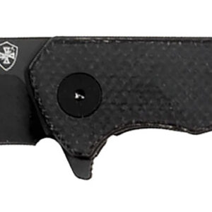 A tactical folding knife with a black blade and textured handle for durability and precision.