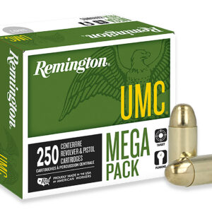 Box of Remington UMC .45 ACP caliber bullets with two cartridges shown.
