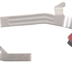 Gun cleaning tool with a red handle and metal parts for firearm maintenance.
