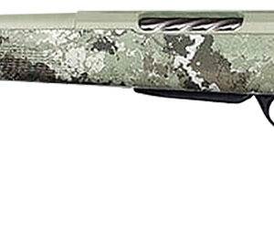 Camouflage-patterned hunting rifle with scope and synthetic stock.