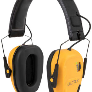 Yellow and black hearing protection earmuffs for shooting or loud environments.