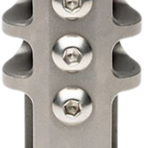 Metal firearm part with multiple screws and slots.
