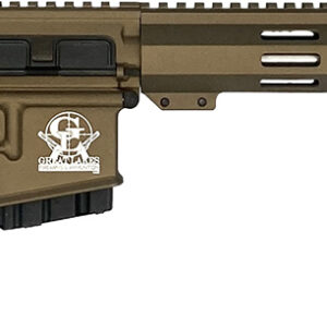 Modern tan tactical rifle with black stock and accessories for precision shooting.