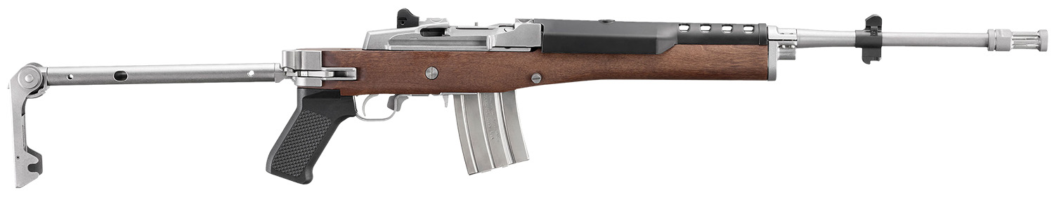 Ruger 5895 Mini-14 223 Rem/5.56 NATO 20+1 18.50" Matte Stainless Threaded Barrel, Matte Stainless Picatinny Rail Receiver, Walnut/Stainless Wood Side Folding Side Folding Stock, Black Polymer Grip