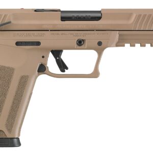 Pistol with tan finish, black slide, and ergonomic grip, displayed on a plain background.
