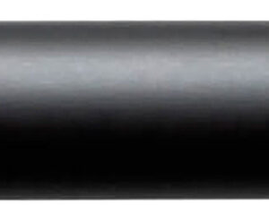 Close-up of a black firearm suppressor on a rifle barrel.