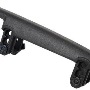 Adjustable black rifle stock with mounting hardware for stability and comfort.