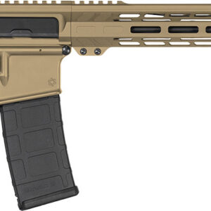 Rifle with tan and black finish, featuring a tactical handguard, scope mount, and adjustable stock.