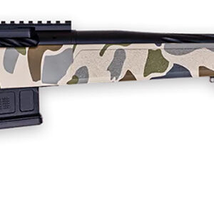 High-precision sniper rifle with camouflage pattern, scope, and tactical stock for long-range shooti.