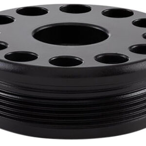 Black gun reel spool with multiple holes for ammunition storage and reloading accessories.