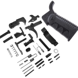 Disassembled firearm parts including grip, springs, and screws for repair or upgrade.
