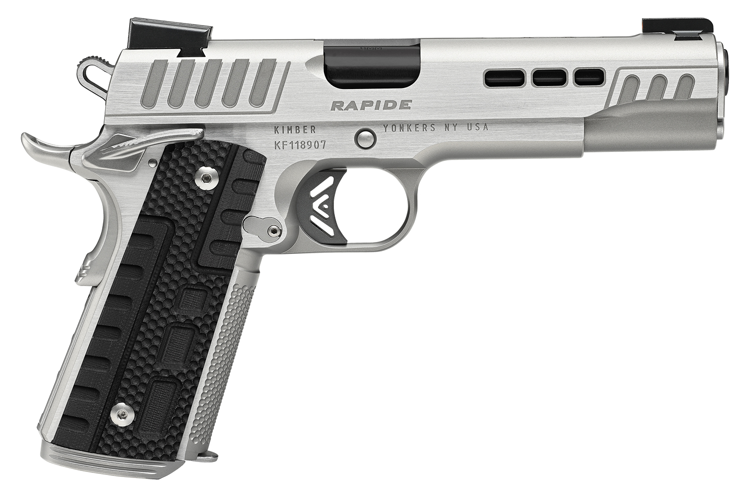 Kimber Mfg.,inc 3000429 Rapide Frost 10mm Auto 8+1 5" Black DLC Stainless Steel Barrel, Kimpro II Silver Lightening Cut/Serrated Stainless Steel Slide & Frame w/Beavertail, Black G10 Grip