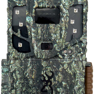 Camouflage trail camera with multiple sensors and a lens for wildlife monitoring.