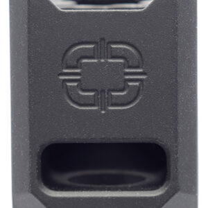 Close-up of a black firearm accessory with a cross symbol and a slot opening.