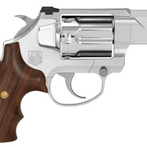 Revolver with silver finish and wooden grip, showcasing a modern firearm design.