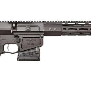 Modern tactical rifle with adjustable stock and long barrel for precision shooting.