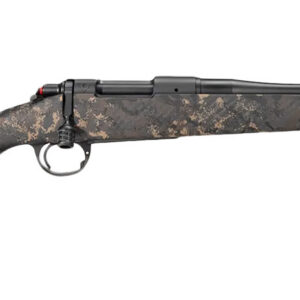 Camouflage-patterned rifle with scope and long barrel.