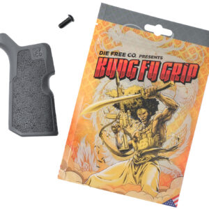 Firearm grip with packaging featuring martial arts theme and branding.