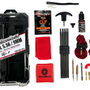Complete gun cleaning kit with brushes, patches, and lubricants for firearms maintenance.