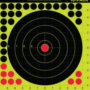 Bright yellow and black reactive splatter target with red bullseye for shooting practice.