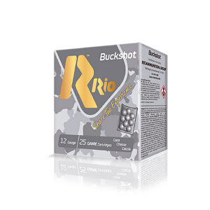 Ammunition box with Buckshot Rio branding and 12 gauge label.