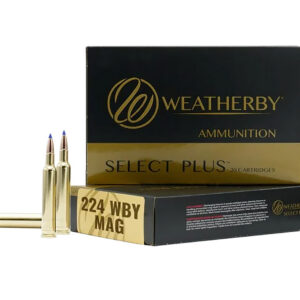 Weatherby Select Plus 224 WBY MAG ammunition box with bullets and cartridges.