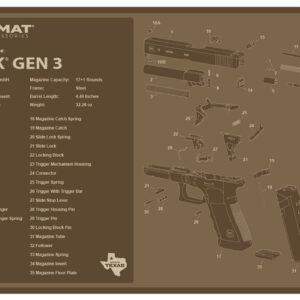 Glock Gen 3 pistol with labeled parts on Tekmat gun accessory mat.