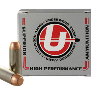 Ammunition box with two bullets, branded with Underwood Ammo logo. Suitable for firearm enthusiasts.