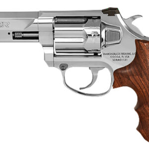 Silver revolver with wooden grip, ideal for firearm enthusiasts and collectors.