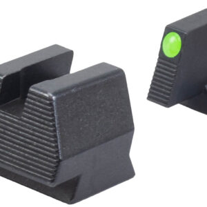 Close-up of a black firearm sight with a green illuminated aiming point.