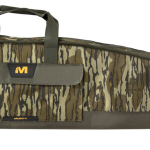 Camouflage gun case with padded interior for firearm protection and easy transport.
