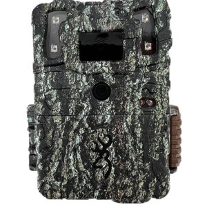Trail camera with camouflage pattern and infrared LEDs for wildlife monitoring.