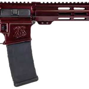 AR-15 rifle with a maroon finish and black stock, featuring a long barrel and tactical handguard.